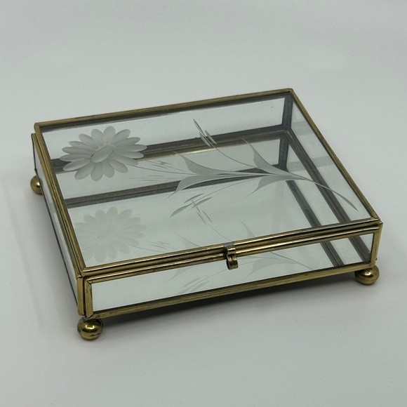 Other - Vintage Etched Flower Glass & Brass Mirrored Jewelry Trinket Display Vanity Box